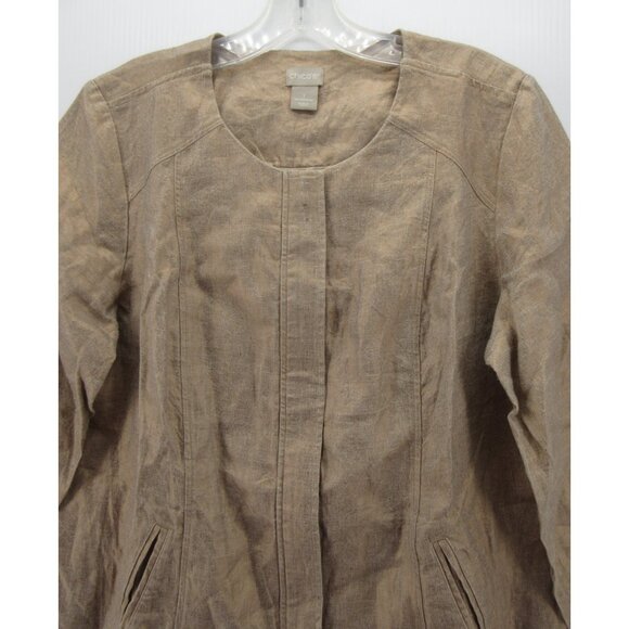 Chicos Jacket 1 Tan Linen Blazer Coat Shiny Lagenlook Zip Up Medium - Picture 2 of 11